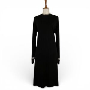 Vintage Black Dress Women’s L Long‎ Sleeve Rhinestone  Crew Neck Midi Glam